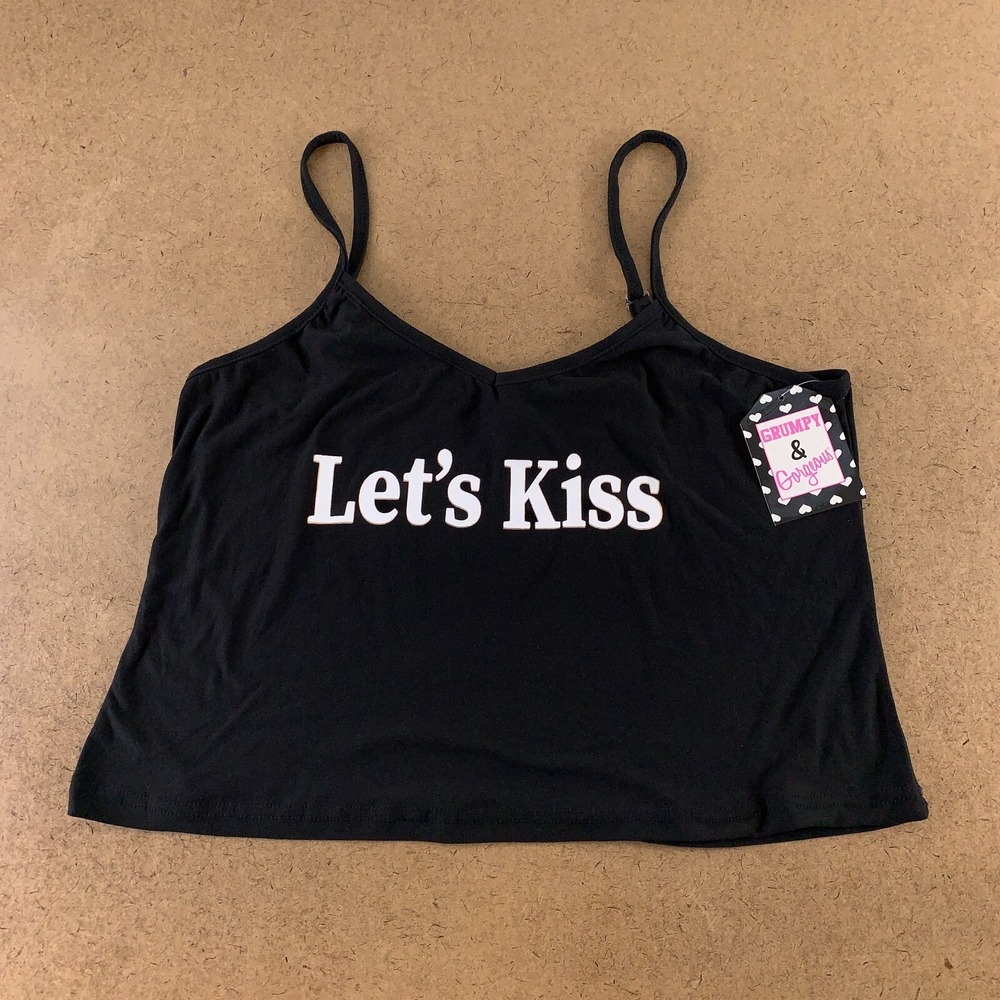 Grumpy & Gorgeous Juniors Size Large Black Let's Kiss Soft Cropped Tank Top NWT